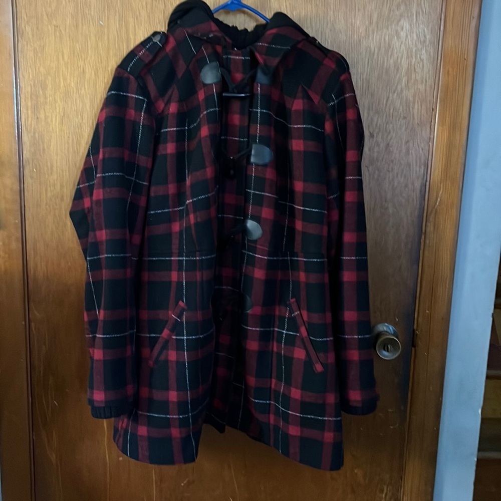 Torrid red plaid hooded pea coat